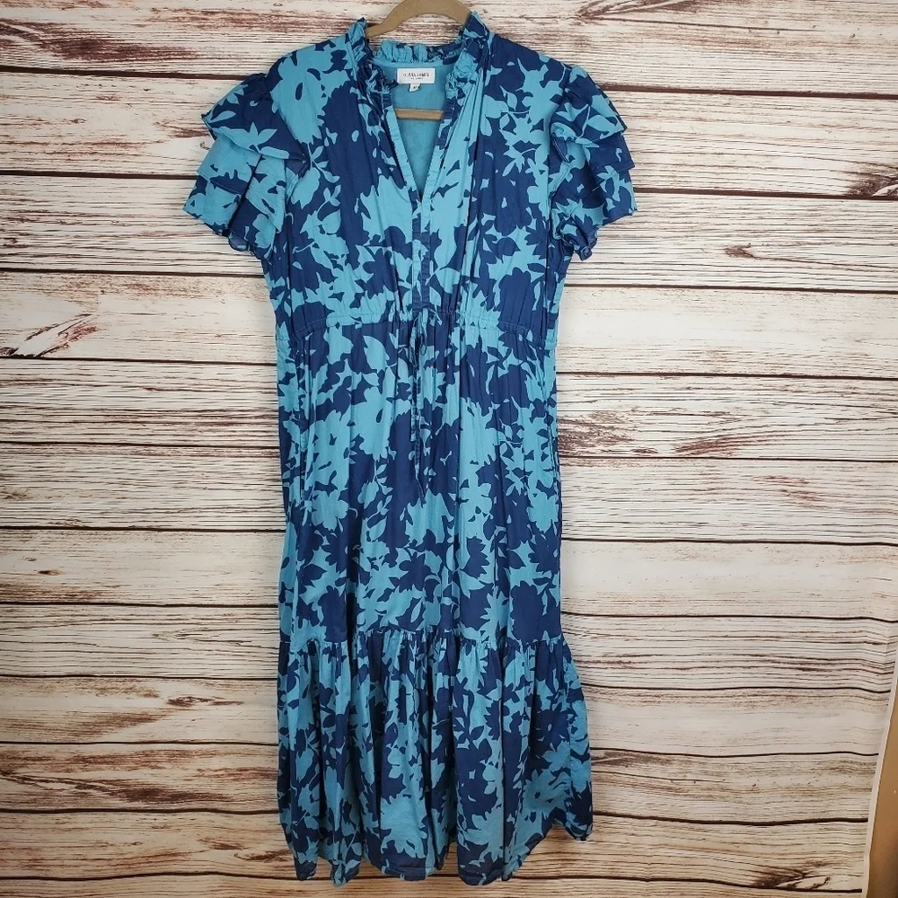 Olivis James The Label Medium "Delia" Night Shadow Blue Ruffle Midi Dress #119 - Picture 2 of 12